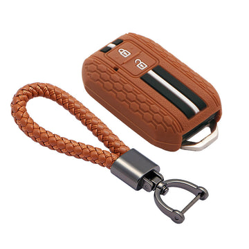 Keyzone striped key cover and keychain fit for : Glanza, Urban Cruiser Hyryder, Rumion 2 button smart key (KZS-01, Leather Thread Keychain)