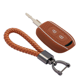 Keyzone striped key cover and keychain fit for : Kwid, Duster, Triber, Kiger remote key (KZS-07, Leather Thread keychain))