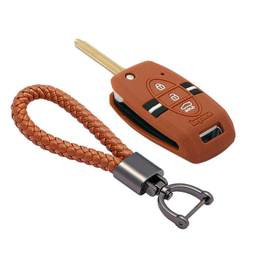 Keyzone striped key cover and keychain fit for : Seltos, Sonet, Carens 3 button flip key (KZS-08, Leather Thread Keychain)