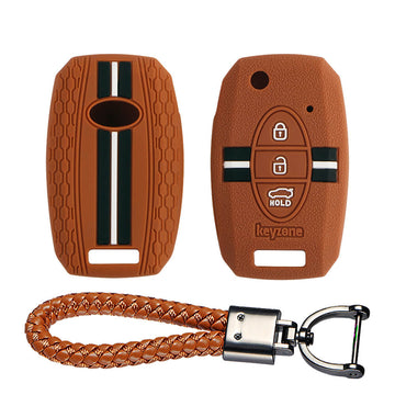 Keyzone striped key cover and keychain fit for : Seltos, Sonet, Carens 3 button flip key (KZS-08, Leather Thread Keychain)