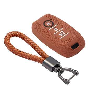 Keyzone striped key cover and keychain fit for : Seltos 3 button smart key (KZS-09, Leather Thread Keychain)