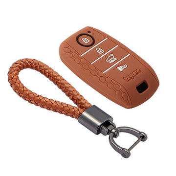 Keyzone striped key cover and keychain fit for : Seltos 4 button smart key (KZS-10, Leather Thread Keychain)