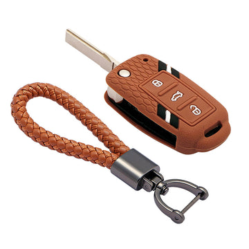Keyzone striped key cover and keychain fit for : Octavia (Old), Fabia, Laura, Rapid, Superb, Yeti 3 button flip key (KZS-11, Leather Thread Keychain)