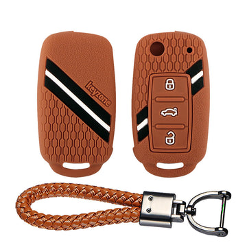 Keyzone striped key cover and keychain fit for : Polo, Vento, Jetta, Ameo 3b flip key (KZS-11, Leather Thread Keychain)
