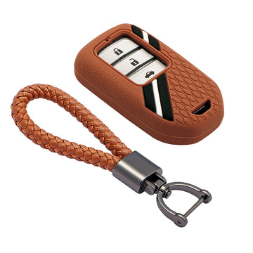 Keyzone striped key cover and keychain fit for : Honda City, Elevate, Civic, Jazz, Brio, Amaze, CR-V, WR-V, BR-V, Mobilio, Accord 2b/3b/4b/5b Smart Key (KZS-15, Leather Thread Keychain)