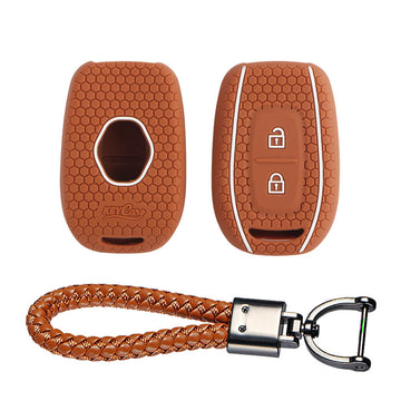 Keycare silicone key cover and keyring fit for : Kwid, Duster, Triber, Kiger remote key (KC-17, Leather Thread Keychain)