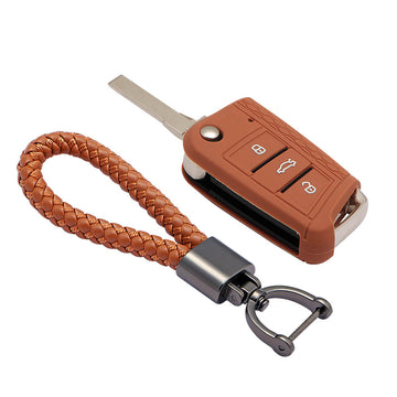 Keyzone striped key cover and keychain fit for : Karoq, Octavia, Superb, Kodiaq Slavia flip key (KZS-17, Leather Thread Keychain)