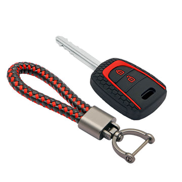 Keycare silicone key cover and keyring fit for : Santro, Eon, I10 Grand remote key (KC-27, Leather Thread Keychain)