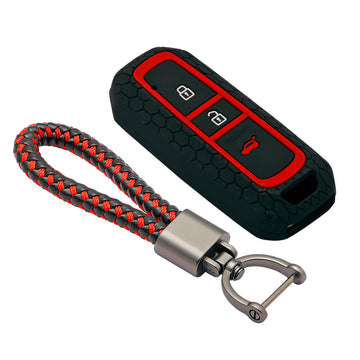 Keycare silicone key cover and keyring fit for : MG Hector 3 button smart key (KC-36, Leather Thread Keychain)