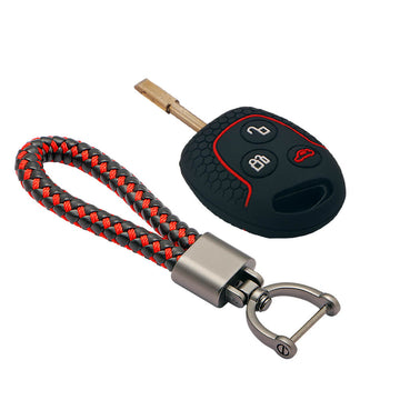Keycare silicone key cover and keyring fit for : Fiesta, Fusion, Figo 3 button remote key (KC-37, Leather Thread Keychain)