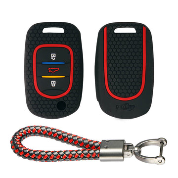 Keycare silicone key cover and keyring fit for : MG Hector 3 button flip key (KC-39, Leather Thread Keychain)