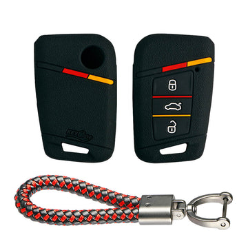Keycare silicone key cover and keyring fit for : Superb, Kodiaq, Octavia 2014 Onwards smart key (KC-40, Leather Thread Keychain)