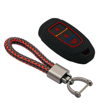 Keycare silicone key cover and keyring fit for : i20, Kona, Verna 2018 Onwards 3 button smart key (KC-41, Leather Thread Keychain)