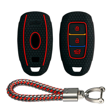Keycare silicone key cover and keyring fit for : i20, Kona, Verna 2018 Onwards 3 button smart key (KC-41, Leather Thread Keychain)