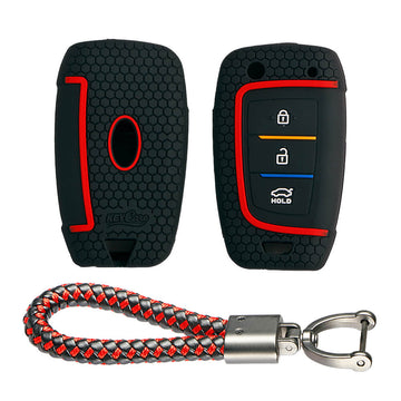 Keycare silicone key cover and keyring fit for : i20, Kona, Verna 2018 Onwards 3 button flip key (KC-43, Leather Thread Keychain)