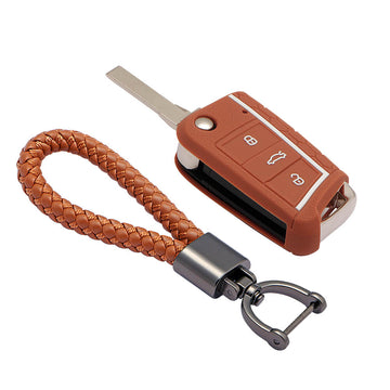 Keycare silicone key cover and keyring fit for : Karoq, Octavia, Superb, Kodiaq, Slavia flip key (KC-44, Leather Thread Keychain)