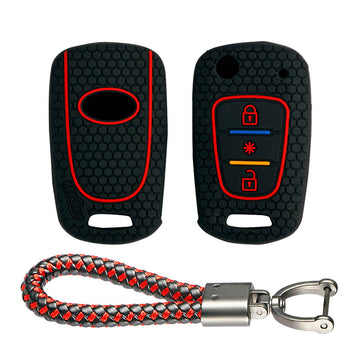Keycare silicone key cover and keyring fit for : Verna Fluidic, I10, Old I20 (2007-2011) flip key (KC-45, Leather Thread Keychain)