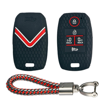 Keycare silicone key cover and keyring fit for : Carnival 5 button smart key (KC-51, Leather Thread Keychain)