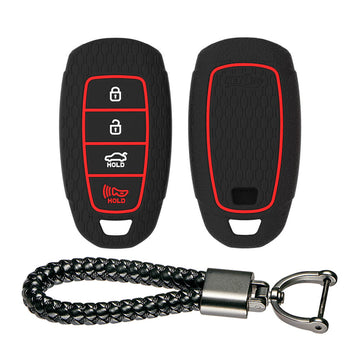 Keycare silicone key cover and keyring fit for : Verna 2020 4 button smart key (KC-60, Leather Thread Keychain)