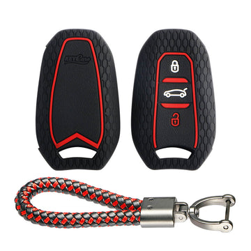 Keycare silicone key cover and keyring fit for : Citroen C5 Aircross 3 button smart key (KC-66, Leather Thread Keychain)