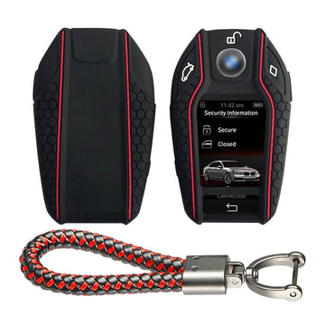 Keycare silicone key cover and keyring fit for : BMW LCD Display smart key (KC-68, Leather Thread Keychain)