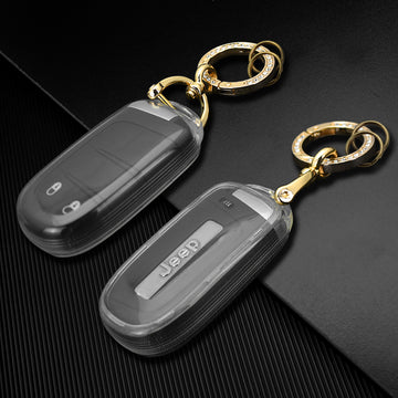 Keyzone clear TPU key cover and diamond keychain compatible for Jeep Compass, Trailhawk smart key (CLTP28+KH08)