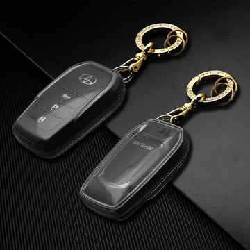 Keyzone clear TPU key cover and diamond keychain compatible for: Invicto, Innova Crysta, Innova HyCross, Fortuner, Hilux, Fortuner Legender 2/3 button smart key (CLTP18+KH08)