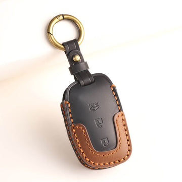 Keyzone dual leather key cover for i20, Creta, Venue, Tucson, Alcazar, Verna, Xcent, Aura, Elantra 3 button smart key (KDL07)