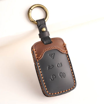 Keyzone dual leather key cover for Range Rover: Sport, Evoque, Velar, Discovery, Defender (2018, 2019, 2020, 2021) 5 Button Smart Key (KDL73)