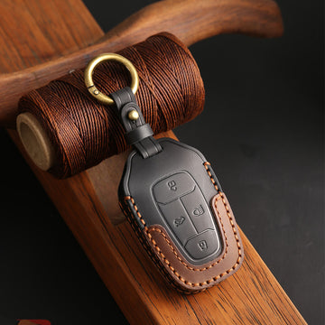 Keyzone dual leather key cover for Nexon, Harrier, Safari, Altroz, Punch, Tigor 4 button smart key (KDL08)