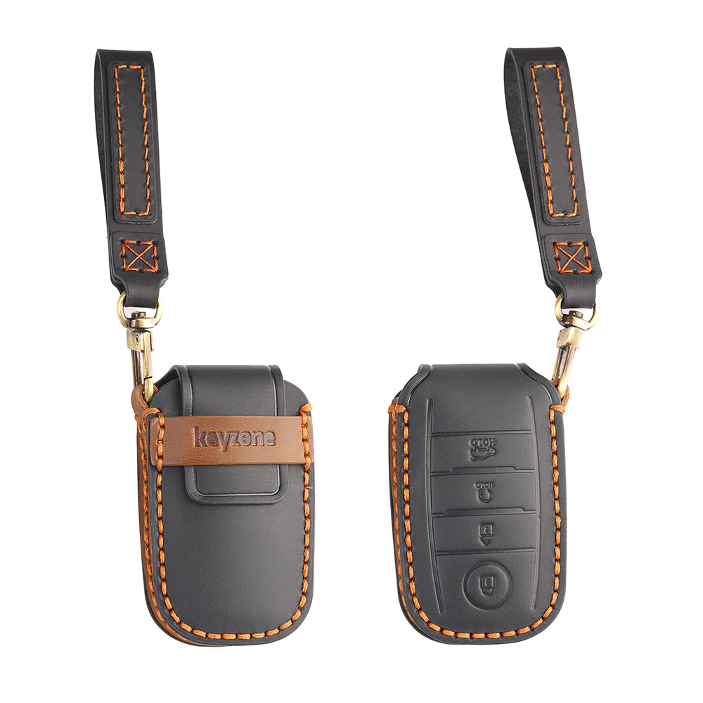 Keyzone leather key cover for Seltos, Sonet, Carens, Seltos X-line button smart key (KZL61)