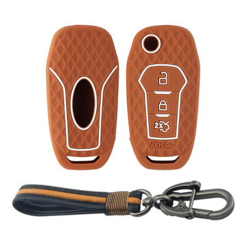 Keycare silicone key cover and keyring fit for : Ford Figo Aspire, Endeavour flip key (KC-12, Full Leather Keychain)