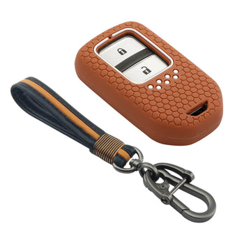 Keycare silicone key cover and keychain fit for : Honda City, Elevate, Civic, Jazz, Brio, Amaze, CR-V, WR-V, BR-V, Mobilio, Accord 2b/3b/4b/5b Smart Key (KC-24, Full leather keychain)