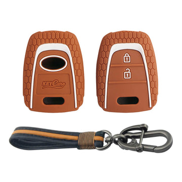 Keycare silicone key cover and keyring fit for : Santro, Eon, I10 Grand remote key (KC-27, Full Leather Keychain)
