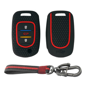 Keycare silicone key cover and keyring fit for : MG Hector 3 button flip key (KC-39, Full Leather Keychain)