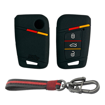 Keycare silicone key cover and keyring fit for : Tiguan, Jetta, Passat Highline smart key (KC-40, Full Leather Keychain)