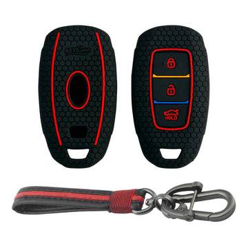 Keycare silicone key cover and keyring fit for : i20, Kona, Verna 2018 Onwards 3 button smart key (KC-41, Full Leather Keychain)