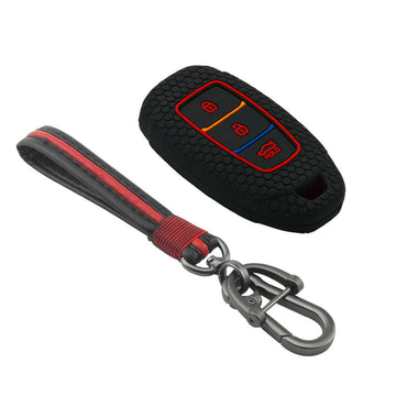 Keycare silicone key cover and keyring fit for : i20, Kona, Verna 2018 Onwards 3 button smart key (KC-41, Full Leather Keychain)