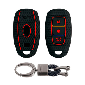 Keycare silicone key cover and keyring fit for : i20, Kona, Verna 2018 Onwards 3 button smart key (KC-41, Alloy Keychain)