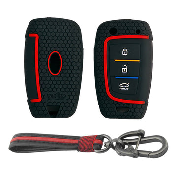 Keycare silicone key cover and keyring fit for : i20, Kona, Verna 2018 Onwards 3 button flip key (KC-43, Full Leather Keychain)