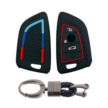 Keycare silicone key cover and keyring fit for : X1, X3, X6, X5, 5 Series, 6 Series, 7 Series 4 button smart key (T2) (KC-52, Alloy Keychain)