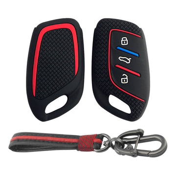 Keycare Silicone Key Cover and keychain Fit for MG : MG ZS EV, Astor 3 Button Smart Key (KC65, Full Leather Keychain)