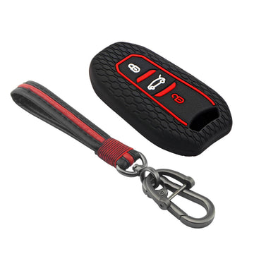 Keycare silicone key cover and keyring fit for : Citroen C5 Aircross 3 button smart key (KC-66, Full Leather Keychain)