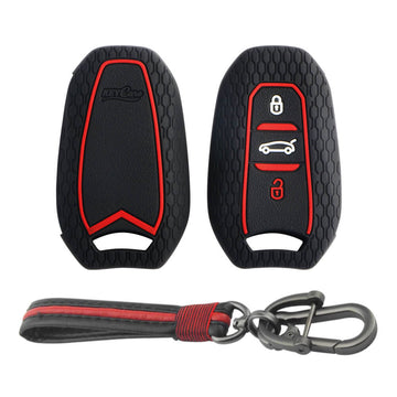 Keycare silicone key cover and keyring fit for : Citroen C5 Aircross 3 button smart key (KC-66, Full Leather Keychain)