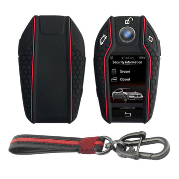 Keycare silicone key cover and keyring fit for : BMW LCD Display smart key (KC-68, Full Leather Keychain)
