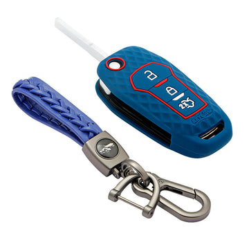 Keycare silicone key cover and keyring fit for : Ford Figo Aspire, Endeavour flip key (KC-12, Leather Woven Keychain)