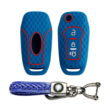 Keycare silicone key cover and keyring fit for : Ford Figo Aspire, Endeavour flip key (KC-12, Leather Woven Keychain)