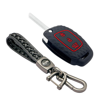 Keycare silicone key cover and keyring fit for : I20, Verna, Xcent (2012-14) flip key (KC-16, Leather Woven Keychain)