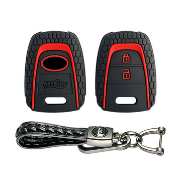 Keycare silicone key cover and keyring fit for : Santro, Eon, I10 Grand remote key (KC-27, Leather Woven Keychain)