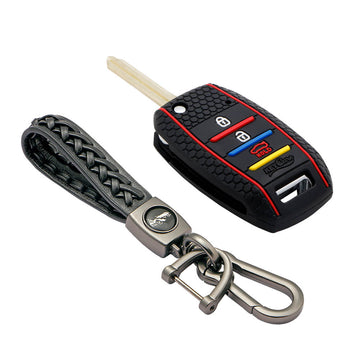 Keycare silicone key cover and keyring fit for : Seltos, Sonet, Carens 3 button flip key (KC-35, Leather Woven Keychain)